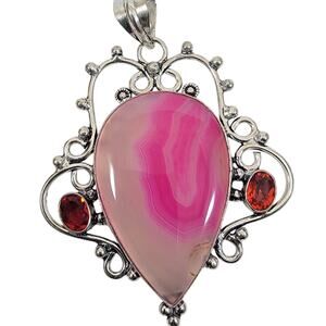 Handmade Silver Pendant with Pink Agate and Orange Garnet Gemstone Accents